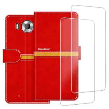Imagem de ESACMOT Capa de celular compatível com Microsoft Lumia 950 + [pacote com 2] película protetora de tela, capa protetora magnética de couro premium para Microsoft Lumia 950 (5,2 polegadas), vermelha