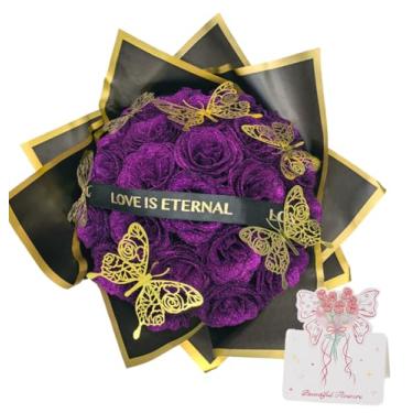 Imagem de Buquê de rosas purpurinas roxas com borboleta DIY presente de aniversário para mulheres, ramo de flores de rosas faça você mesmo, rosas eternas para Dia dos Namorados, presentes de flores para mãe e