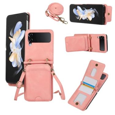 Imagem de Asuwish Capa de telefone para Samsung Galaxy Z Flip 3 5G 2021 capa carteira com alça de pulso de vidro temperado suporte de cartão acessórios celulares ZFlip3 Z3 Flip3 ZFlip 3Z mulheres homens rosa