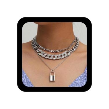 Imagem de YienDoo Colar com cadeado multicamadas, gargantilha, cristal, zircônia cúbica, grosso, corrente cubana, pingente de cadeado, pingente de prata punk, colar gargantilha em camadas, presente para
