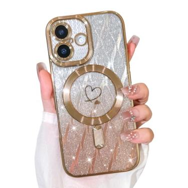 Imagem de Bonoma Capa com glitter para iPhone 17 [compatível com MagSafe], capa brilhante com estampa de folhas magnéticas de coração de amor, proteção para câmera, capa traseira macia e brilhante para mulheres