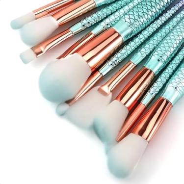 Imagem de Kit 10 Pincéis de Maquiagem Sereia – Pincéis Profissionais para Base, Pó, Blush, Contorno, Sombra e Iluminador | Cerdas Sintéticas Macias Calda De Peixe