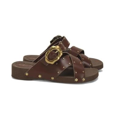 Imagem de Tamanco Café Tiras e Fivelas Salto Baixo 3cm Napa