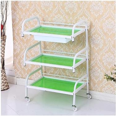 Imagem de Carrinho de salão com rodinhas de 3 níveis com trilhos de proteção e gavetas de armazenamento - Carrinho de ferro de alta capacidade de carga com divisórias de vidro temperado - Prateleira de