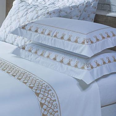 Imagem de Jogo Cama Lençol Garland Casal Bordado 100% Algodão Acetinado 400 Fios 4 Peças - Branco
