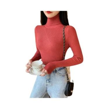 Imagem de Suéter Feminino De Manga Longa Tricotado Com Gola Alta, Pullover Macio