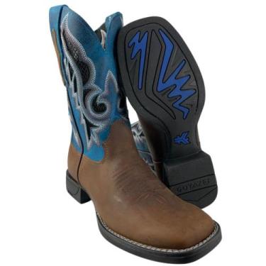 Imagem de Bota Texana Masculina Goyazes Couro Marrom Escuro Com Turquesa Bico Qu