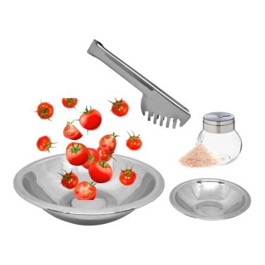 Imagem de Conjunto para Salada Aço Inox 4 Peças Bowl, Saleiro e Pegador - Mundial Import