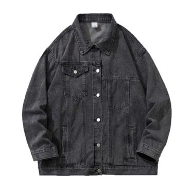 Imagem de Jaqueta jeans masculina, retrô, cor sólida, lavada, com botões, jaqueta versátil, Cinza escuro, M