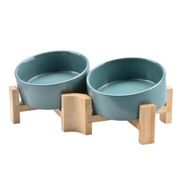 Imagem de SPUNKYJUNKY Tigela inclinada de cerâmica para cães e gatos de 15° com suporte de madeira, tigela inclinada para comida e água para buldogue não escorrega para gatos, cães médios, grandes animais de