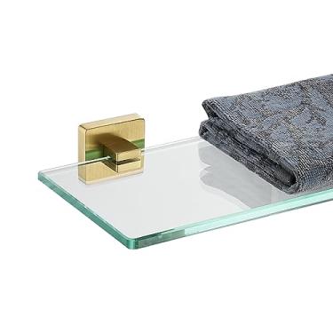 Imagem de JQK Prateleira de vidro para banheiro, chuveiro flutuante de vidro temperado, armazenamento de 40,6 x 12,7 cm, suporte de parede dourado escovado de aço inoxidável 304, TGS201L16-BG