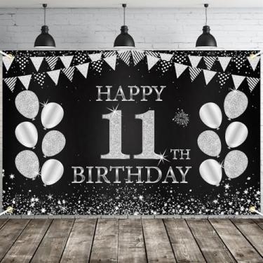Imagem de JOYKY Faixa de feliz aniversário de 11 anos, decoração de festa de aniversário de 11 anos de idade preta prata para meninos e meninas, decoração de pano de fundo, 15 x 9 metros
