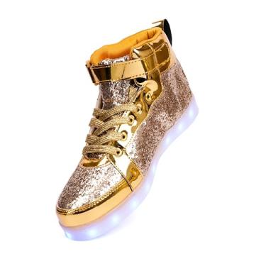 Imagem de PYYIQI Tênis de LED com glitter, cano alto, feminino, masculino, piscando, para festa de Natal, Halloween, com carregamento USB, Dourado, 14 Women/13 Men
