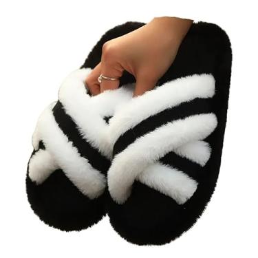 Imagem de Pantufa Chinelo Slide Confortável com Tiras Cruzadas em Pelúcia, Antiderrapante,Flexível Múltiplas Cores (Preto, BR, Adulto, Numérico, 38)