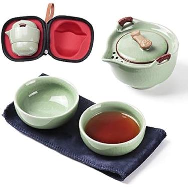 Imagem de Conjunto de bule de chá de cerâmica para viagem, 1 pote com 2 xícaras, conjunto de bule de chá de Kung Fu chinês portátil, xícaras de chá de porcelana Gongfu com estojo de transporte, para acampamento