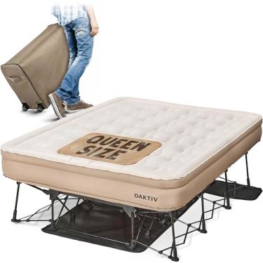 Imagem de Oaktiv Colchão de ar Queen com moldura, cama inflável/esvaziadora para adultos - berço de acampamento PeakRest com colchão - tamanho Queen portátil com estojo de viagem sobre rodas