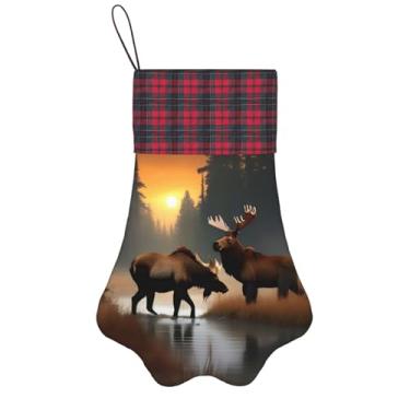 Imagem de SKKNT Meias de Natal com estampa de veado, urso, alce, animais de estimação, decoração de Natal, cães, gatos, árvores, doces, presente, conveniente