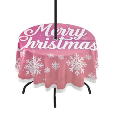 Imagem de Qilmy Toalha de mesa redonda à prova d'água com flocos de neve de Natal de 152 cm com orifício para guarda-chuva e zíper – uso externo / interno resistente para pátio, churrascos, piqueniques, festas