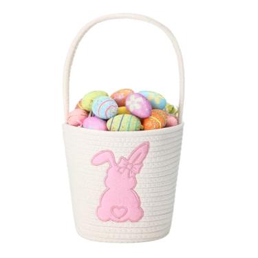 Imagem de FoldTier Cesta de coelhinho da páscoa linda cesta de coelho vazia para caça de ovos, primeira cesta de Páscoa do bebê, corda de algodão resistente (rosa)