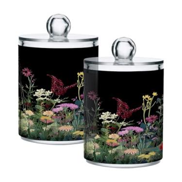 Imagem de Qilmy Qtip Suporte de boticário de 400 ml, frasco de armazenamento de boticário preto de flores silvestres com tampa, dispensador de recipiente de banheiro para bola de algodão, cotonete, fio dental