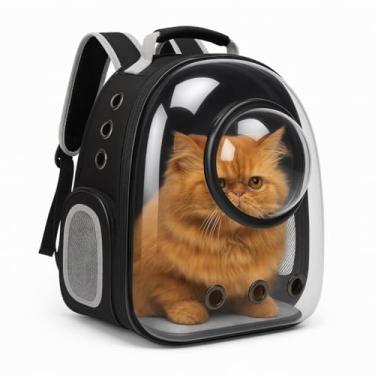 Imagem de Mochila de Transporte Pet Transparente Astronauta para Gatos e Cães até 6 kg Ventilação 360° Visão Panorâmica Preta