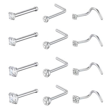 Imagem de Conjunto de 12 peças de piercing de nariz para homens e mulheres, piercing de nariz 18G, aço inoxidável médico 316L hipoalergênico requintado, em forma de L / espiral/reto piercing de narina unissex