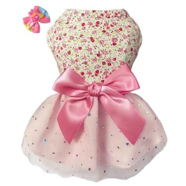 Imagem de MSNFOASM Roupa de filhote de cachorro pequeno - Vestido floral (algodão/tule, 3 botões invisíveis) G rosa