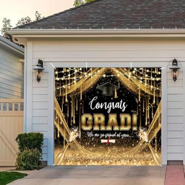 Imagem de Banner de porta de garagem de formatura 2,1 x 2,4 m Class Of 2025 Congrats Grad pano de fundo preto e dourado decorações de festa de formatura grande parabéns graduado fundo de festa de formatura capa