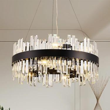 Imagem de PAFRUMGE Lustre de cristal preto pingente de cristal redondo – 59,9 cm 12 luzes K9 lustres modernos para cozinha, sala de jantar, sala de estar, quarto, entrada