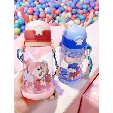 Imagem de Garrafa Infantil com Canudo e Alça  Squeeze Escolar Portátil, Estampa 