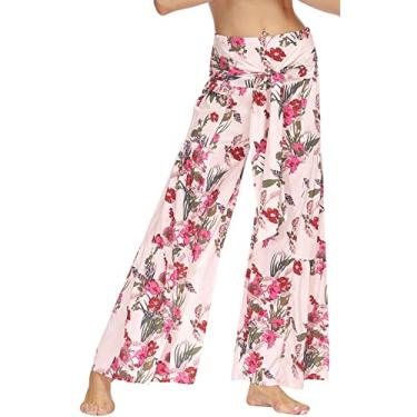 Imagem de Aivtalk Calças largas femininas com estampa tribal, calça palazzo casual, cintura alta, folgada, calça casual, rosa, XG