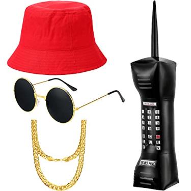 Imagem de meekoo Kit de fantasia de hip hop dos anos 80/90, fantasia de rapper dos anos 90, chapéu balde para celular, óculos de sol, corrente sintética, Vermelho, approx. 58 cm - 60 cm