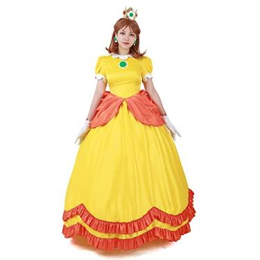 Imagem de miccostumes Fantasia feminina de princesa cosplay amarelo vestido de baile de luxo vestido de festa baile com coroa brincos e luvas, Amarelo, Large