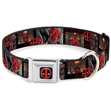 Imagem de Buckle-Down Coleira para cães com fivela de cinto de segurança – blocos de ação Deadpool com logotipo do Deadpool preto/vermelho – 2,54 cm de largura – serve para pescoço de 28-43,18 cm – Médio