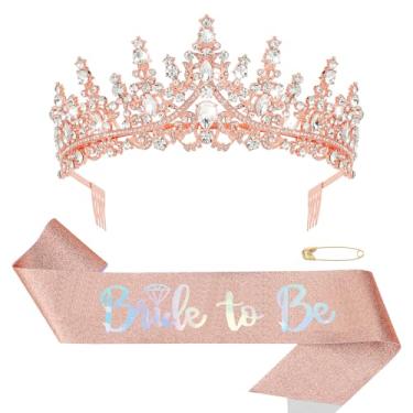 Imagem de CIEHER Kit de faixa de noiva + coroa de casamento, decorações de chá de noiva, ouro rosa, lembrancinhas de despedida de solteira, presentes de despedida de solteira para noiva, faixa de noiva