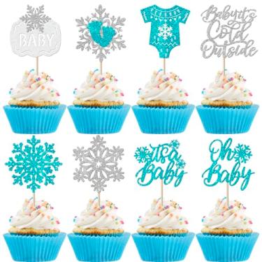 Imagem de 24 Pack Baby It's Cold Outside Cupcake Toppers - Glitter Snowflake Picks, Oh Baby Feet Decorations for Winter Baby Shower, Frozen Kids Birthday Party Supplies (Blue)