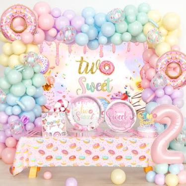 Imagem de Hombae Two Sweet Party Decorations, Donut 2nd Birthday Decorations, Sweet Birthday Party Supplies with Backdrop Tablecloth Banner Tableware Cake Topper for 2 Year Old Donut Party Decorations