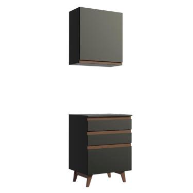 Imagem de Kit Madesa Reims 60 cm com Armário Aéreo e Balcão com 3 Gavetas - Preto