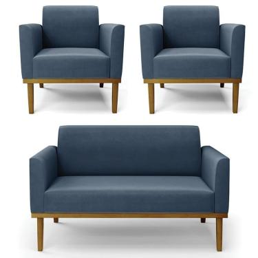 Imagem de Sofá Namoradeira E 2 Poltronas Base Madeira Castanho Maressa Suede Azul Marinho - Ibiza