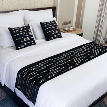 Imagem de Cachecol de corredor de cama de hotel com strass de veludo holandês com borlas cobertor de cama decorativo sem desbotamento protetor de colcha para cama de solteiro queen king size - preto ||2 peças