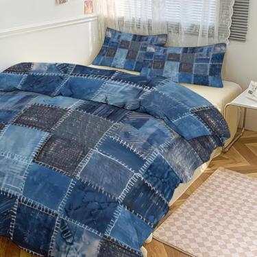 Imagem de Conjunto de edredom azul jeans patchwork com capa de edredom tamanho casal/queen, conjunto de cama de 3 peças 218 x 178 cm para meninos e meninas capa de cama ultramacia (1 capa de edredom + 2 fronhas