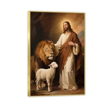 Imagem de Arte de parede em tela de Jesus Cristo O Leão de Judá impressões de pintura cristã decoração de parede decoração de sala religiosa para sala de oração da igreja 110 x 70 cm (43 x 28 pol) moldura