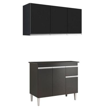 Imagem de Balcão De Cozinha Tatiane Com Tampo 100cm E Armário Aéreo Andréia 3 Portas Preto Fosco - Ajl