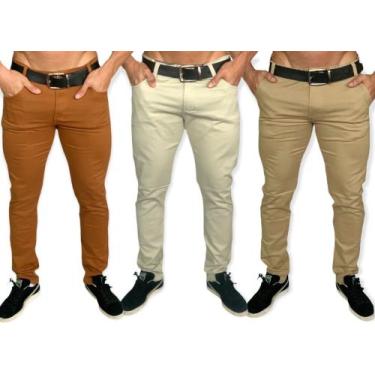 Imagem de Kit 3 calça jeans masculina slim com lycra caqui em sarja Skinny - Emp