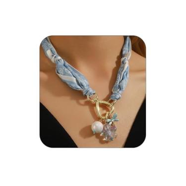 Imagem de Colar de lenço de seda para mulheres, colar com pingente de pérolas e coração de cristal, colares coloridos de seda com joias de Papai Noel, Natal, colar de caveira de Halloween, adjustable, Cachecol