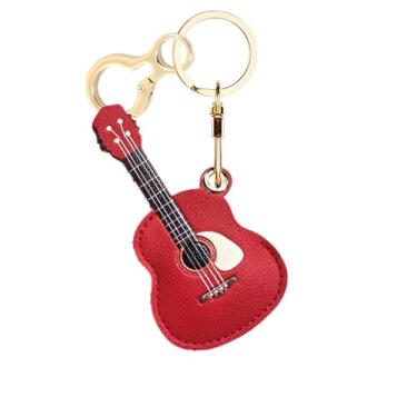Imagem de Capa de couro compatível com AirTag, linda capa protetora com chaveiro, rastreador GPS antiarranhões para chaves, bolsa, animais de estimação, mochila (guitarra vermelha)