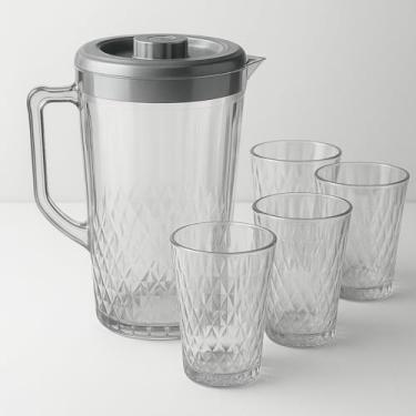 Imagem de Conjunto de Jarra e Copos em Acrílico, Design Diamante, 5 Peças, Jarra 2L com Tampa e 4 Copos Transparentes para Bebidas
