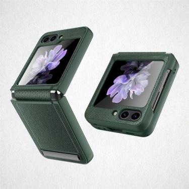 Imagem de Capa para Samsung Galaxy Z Flip 5 Flip5 5G Capa de couro com proteção de dobradiça e película protetora de tela pequena traseira, verde, para Galaxy Z Flip5