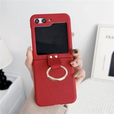 Imagem de Capa de telefone com anel de couro com padrão de litchi fosco para Samsung Galaxy Z Flip 5 4 3 Proteção de lente Capa traseira PU, anel vermelho, para Sam Z Flip 5