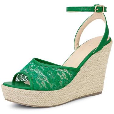 Imagem de Allegra K Sandália feminina de renda com tira no tornozelo, salto plataforma, alpargata, salto plataforma, Verde, 35